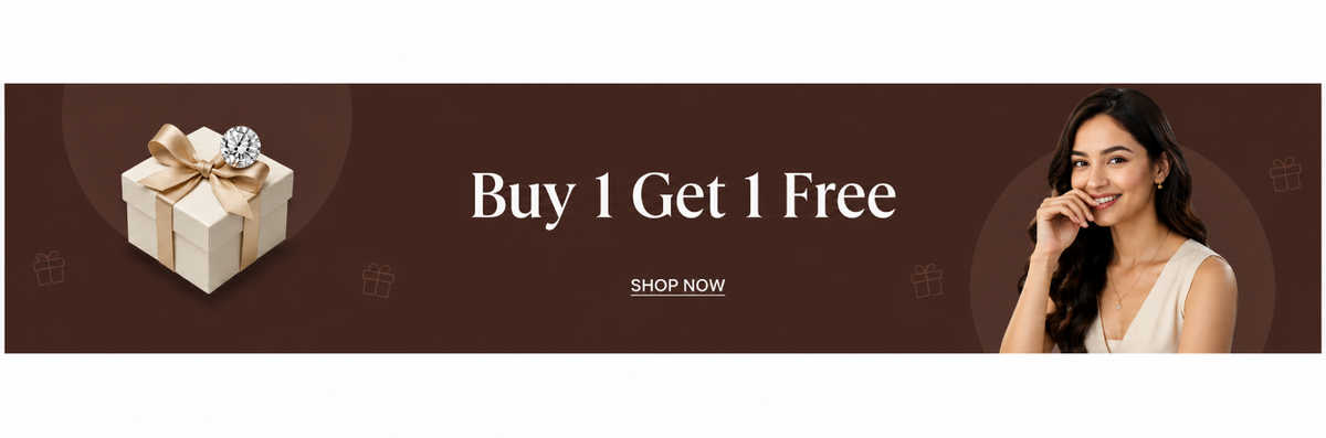 A promotional banner with a brown background featuring the text 'Buy 1 Get 1 Free' and a 'SHOP NOW' button. On the left is an illustration of a gift box with a gold ribbon, and on the right is a smiling woman.