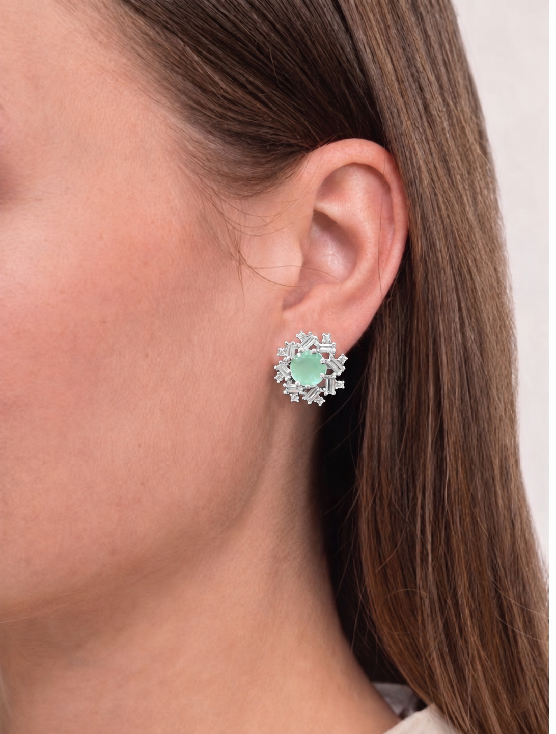 Mint Green Crystal Bloom Silver-Plated Stud Earrings