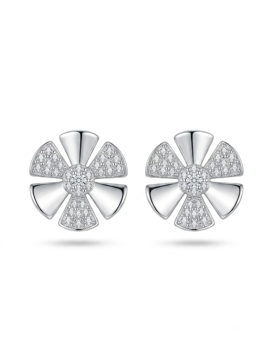 Silver Sparkle Floral American Diamond Stud Earrings