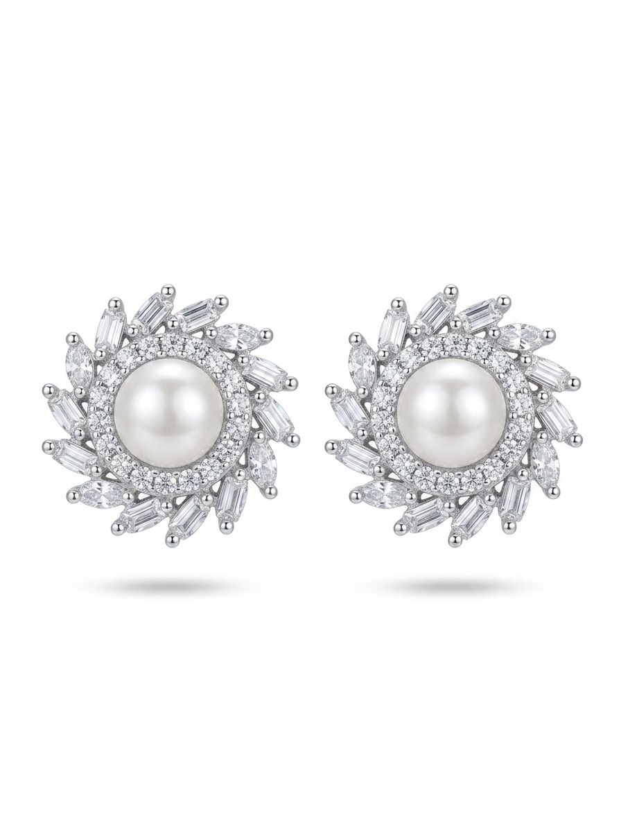 Radiant Pearl Halo American Diamond Stud Earrings