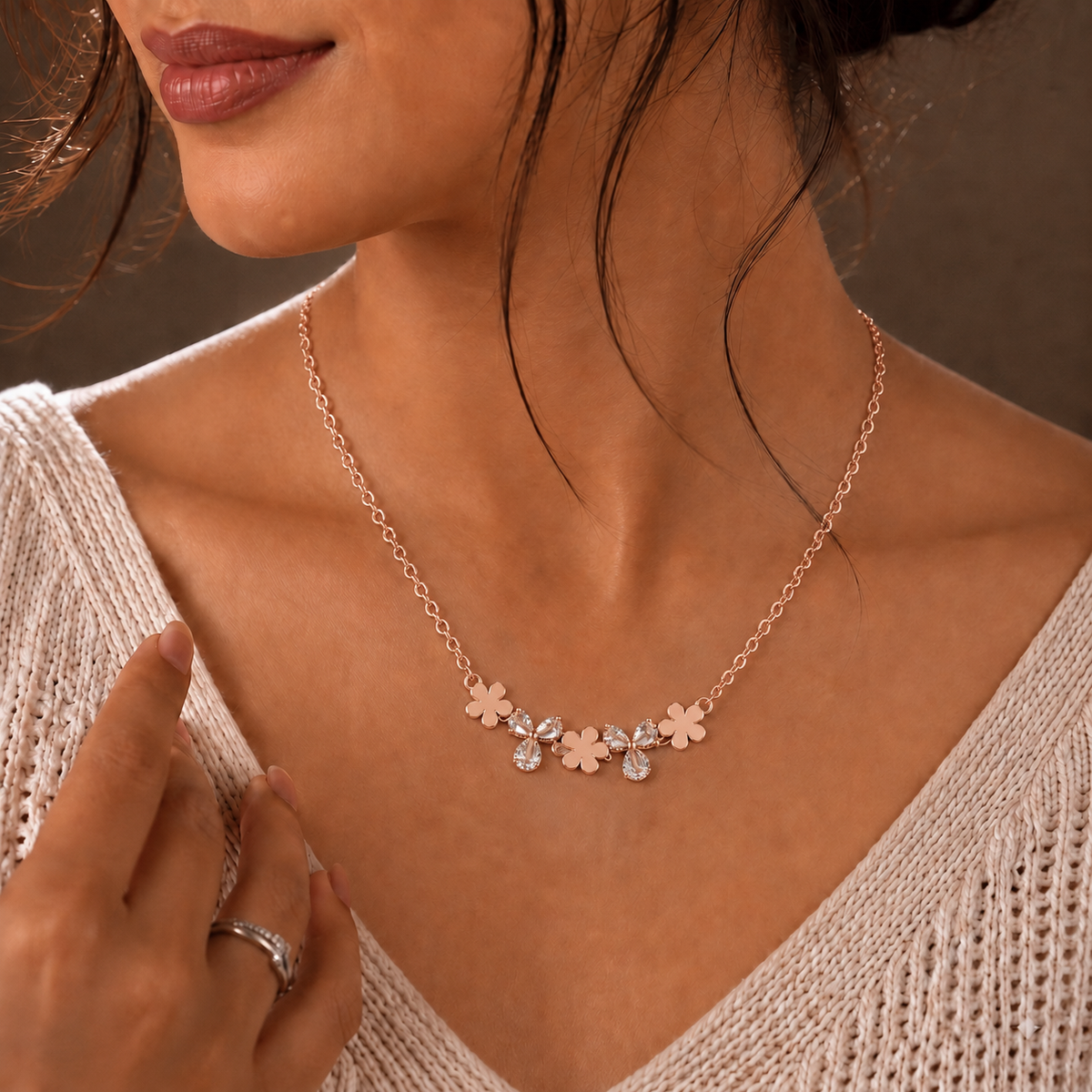 Rose Gold-Plated Floral Butterfly American Diamond Pendant