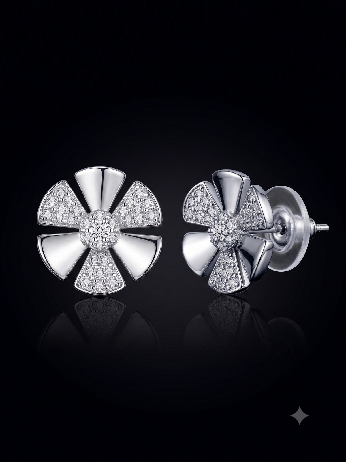 Silver Sparkle Floral American Diamond Stud Earrings
