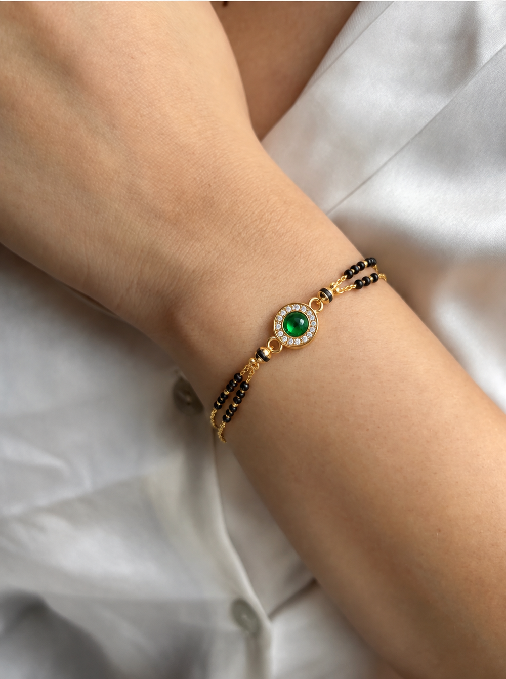 Gold-Plated Green Stone American Diamond Mangalsutra Bracelet