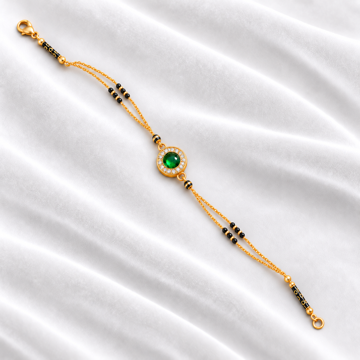 Gold-Plated Green Stone American Diamond Mangalsutra Bracelet